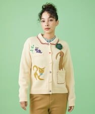 GJSAW01300 Jocomomola(ホコモモラ) Familia アニマルモチーフニットカーディガン アイボリー