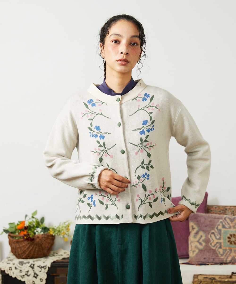 GJSCD01220 Jocomomola(ホコモモラ) El galgo フラワーモチーフニットカーディガン アイボリー