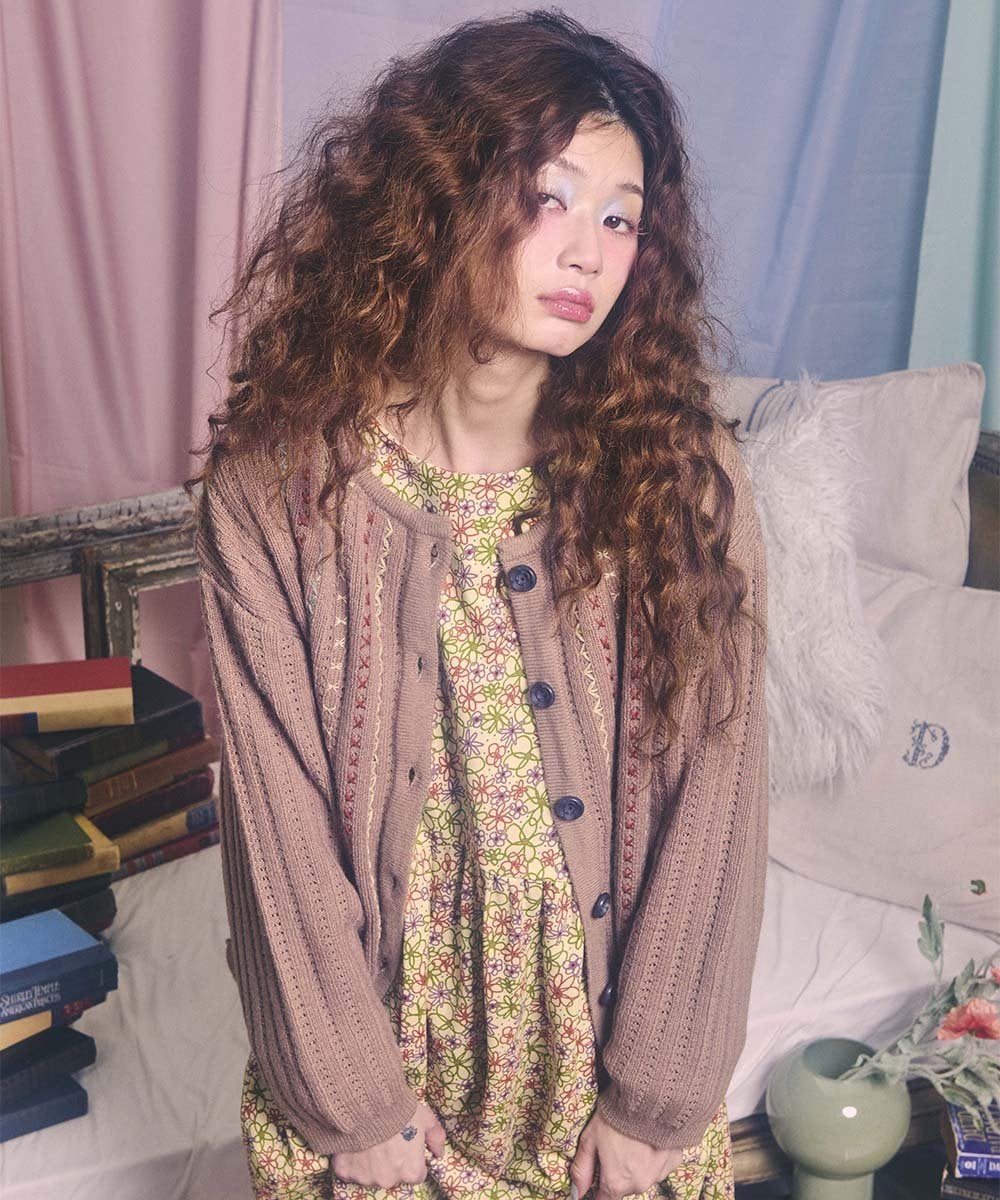 GJSCD30200 Jocomomola(ホコモモラ) Escalera 刺繍ニットカーディガン ピンク