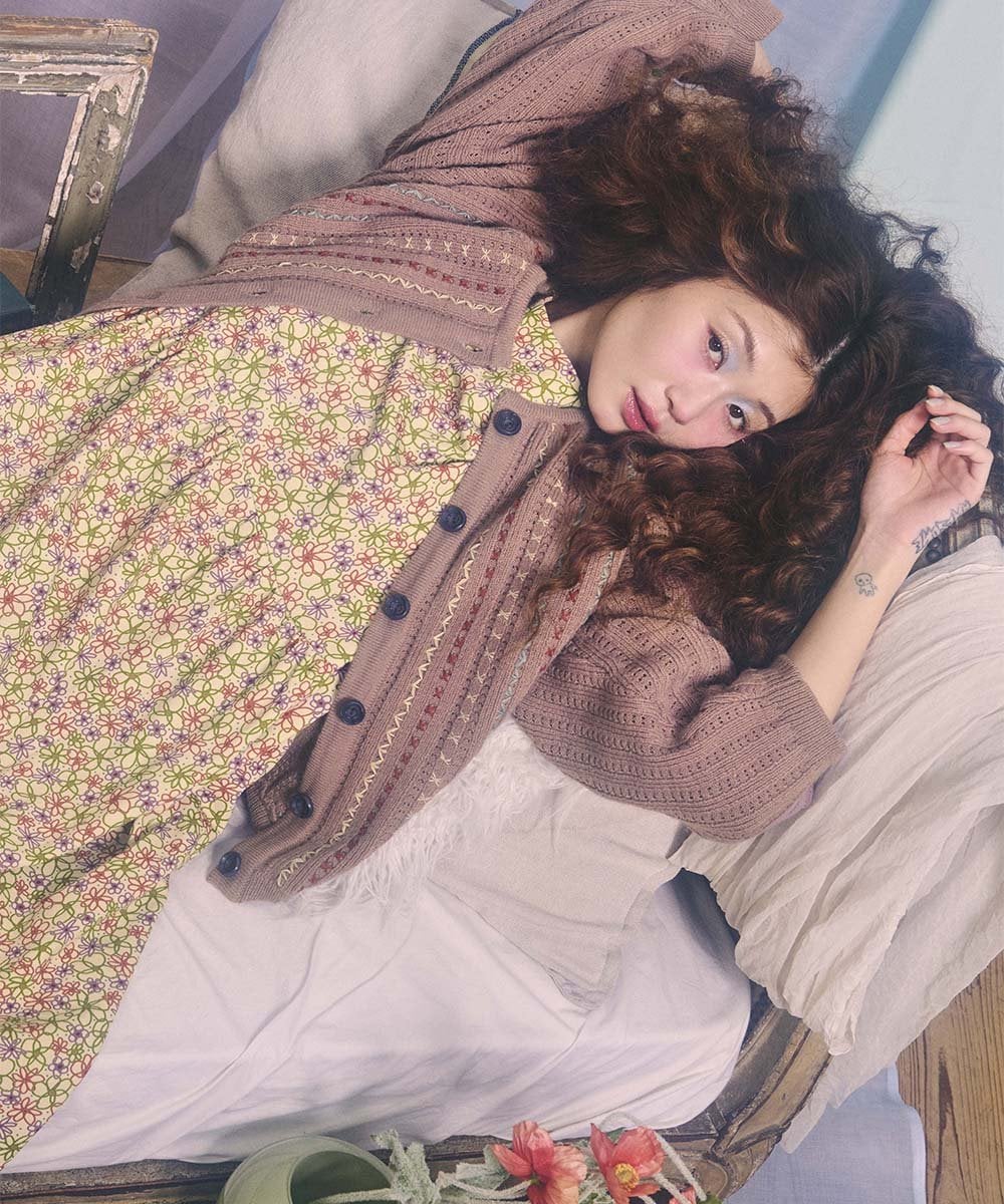 GJSCD30200 Jocomomola(ホコモモラ) Escalera 刺繍ニットカーディガン ピンク