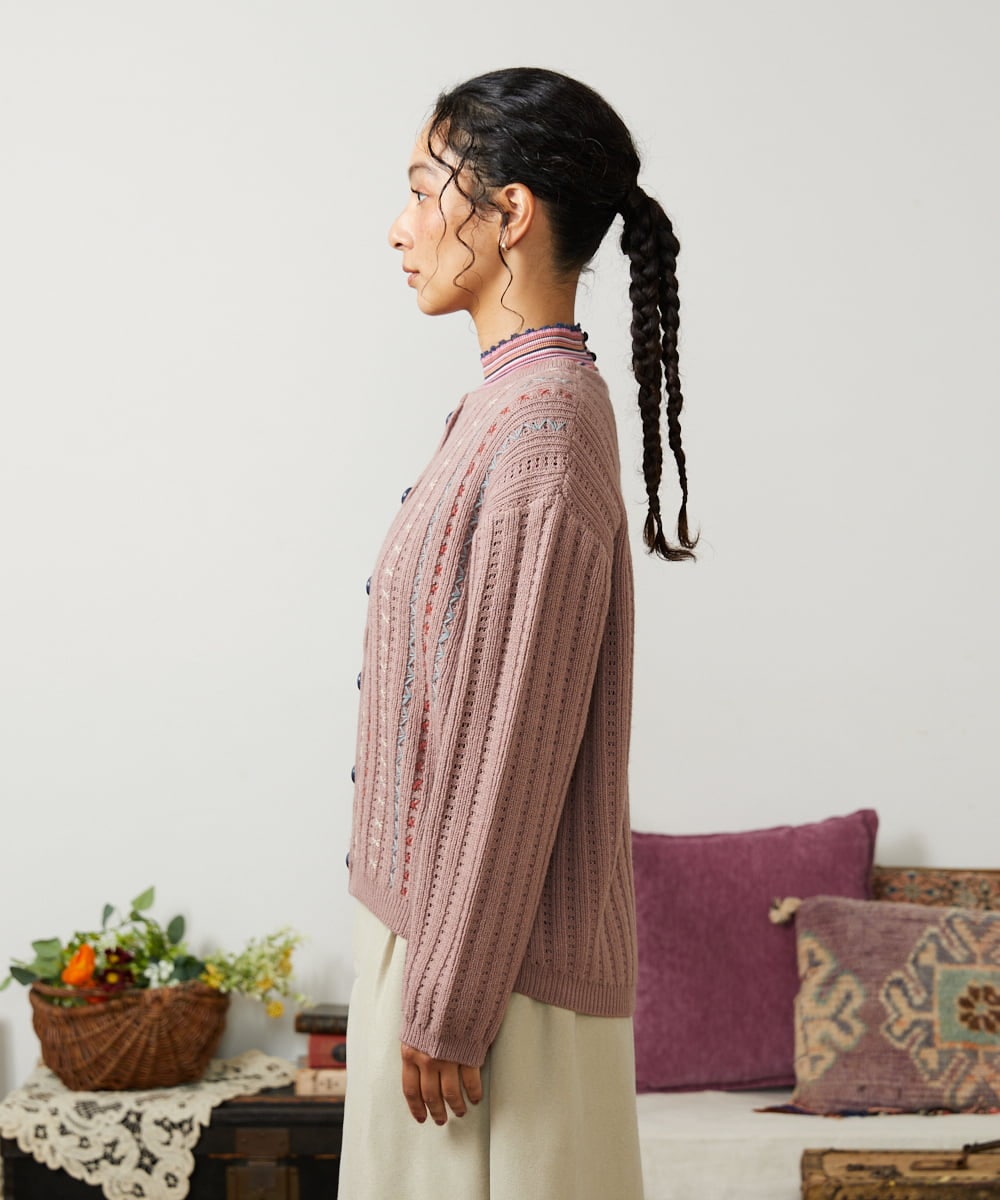 GJSCD30200 Jocomomola(ホコモモラ) Escalera 刺繍ニットカーディガン ピンク