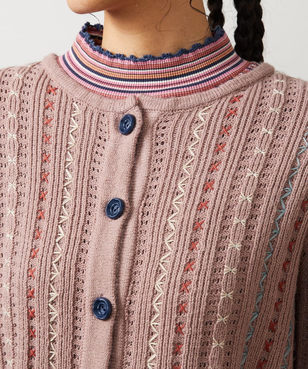 GJSCD30200 Jocomomola(ホコモモラ) Escalera 刺繍ニットカーディガン ピンク