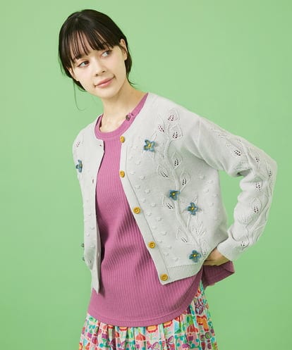 GJSDA30220  Planta フラワークロッシェクルーネックカーディガン