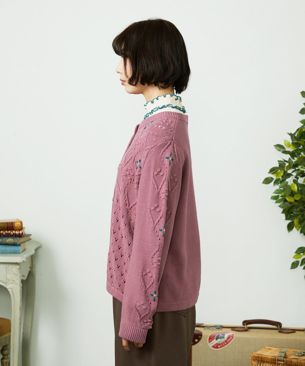 GJSDD30220 Jocomomola(ホコモモラ) フラワー刺繍ケーブルニットカーディガン ピンク