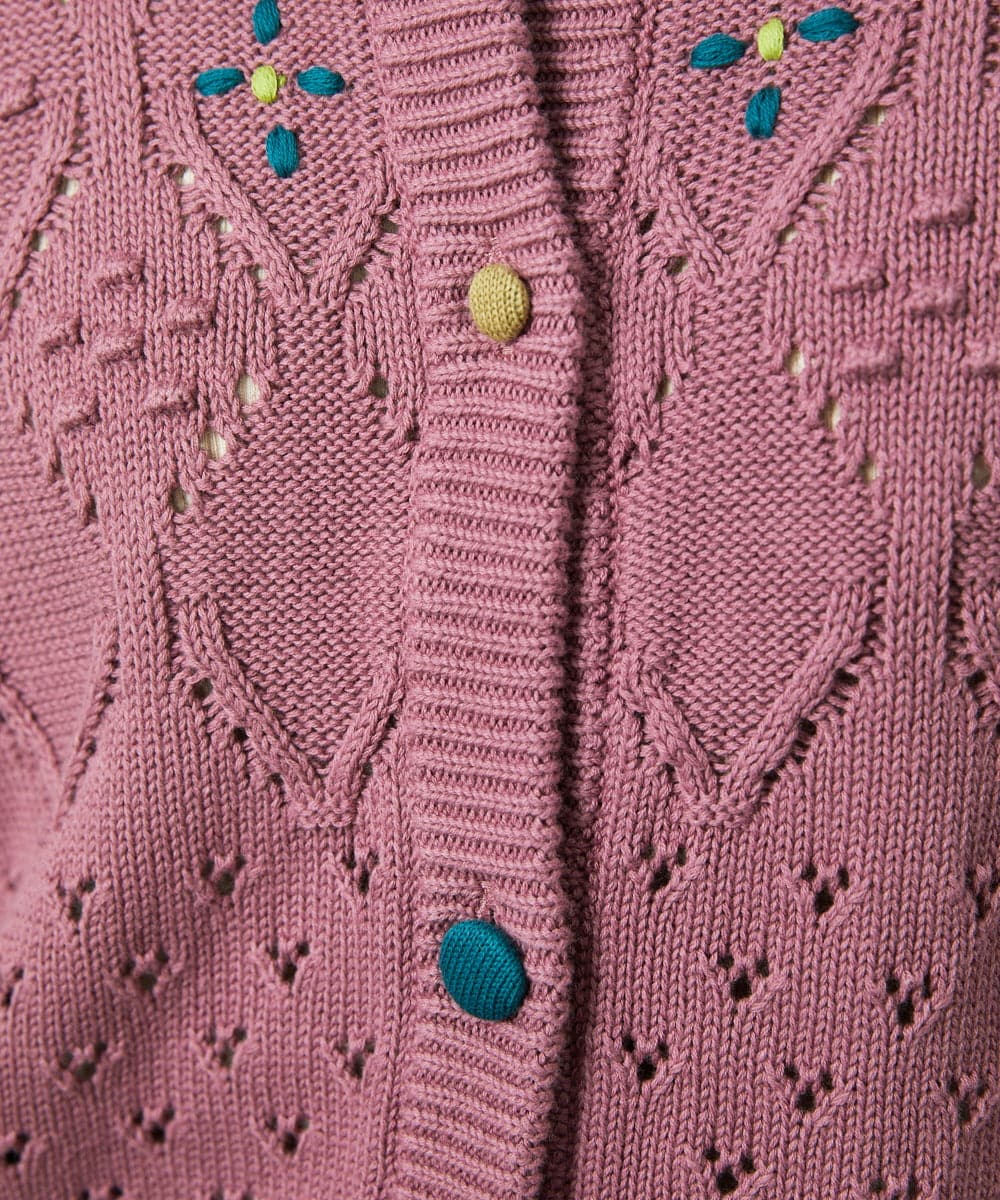 GJSDD30220 Jocomomola(ホコモモラ) フラワー刺繍ケーブルニットカーディガン ピンク