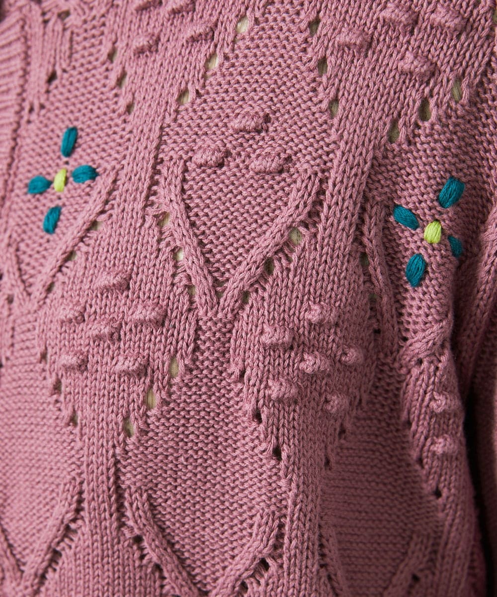 GJSDD30220 Jocomomola(ホコモモラ) フラワー刺繍ケーブルニットカーディガン ピンク