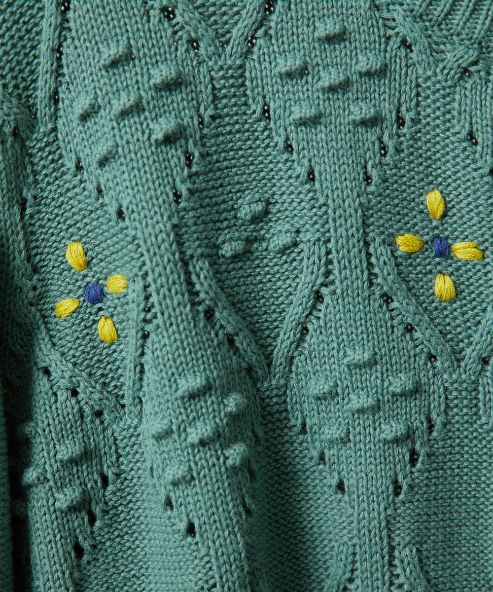 GJSDD30220 Jocomomola(ホコモモラ) フラワー刺繍ケーブルニットカーディガン グリーン
