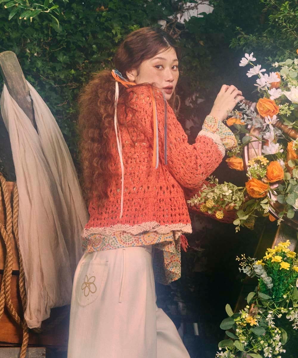 GJSDE02220 Jocomomola(ホコモモラ) Molino チュールヤーン透かし編みニットカーディガン オレンジ