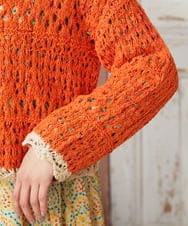 GJSDE02220 Jocomomola(ホコモモラ) Molino チュールヤーン透かし編みニットカーディガン オレンジ