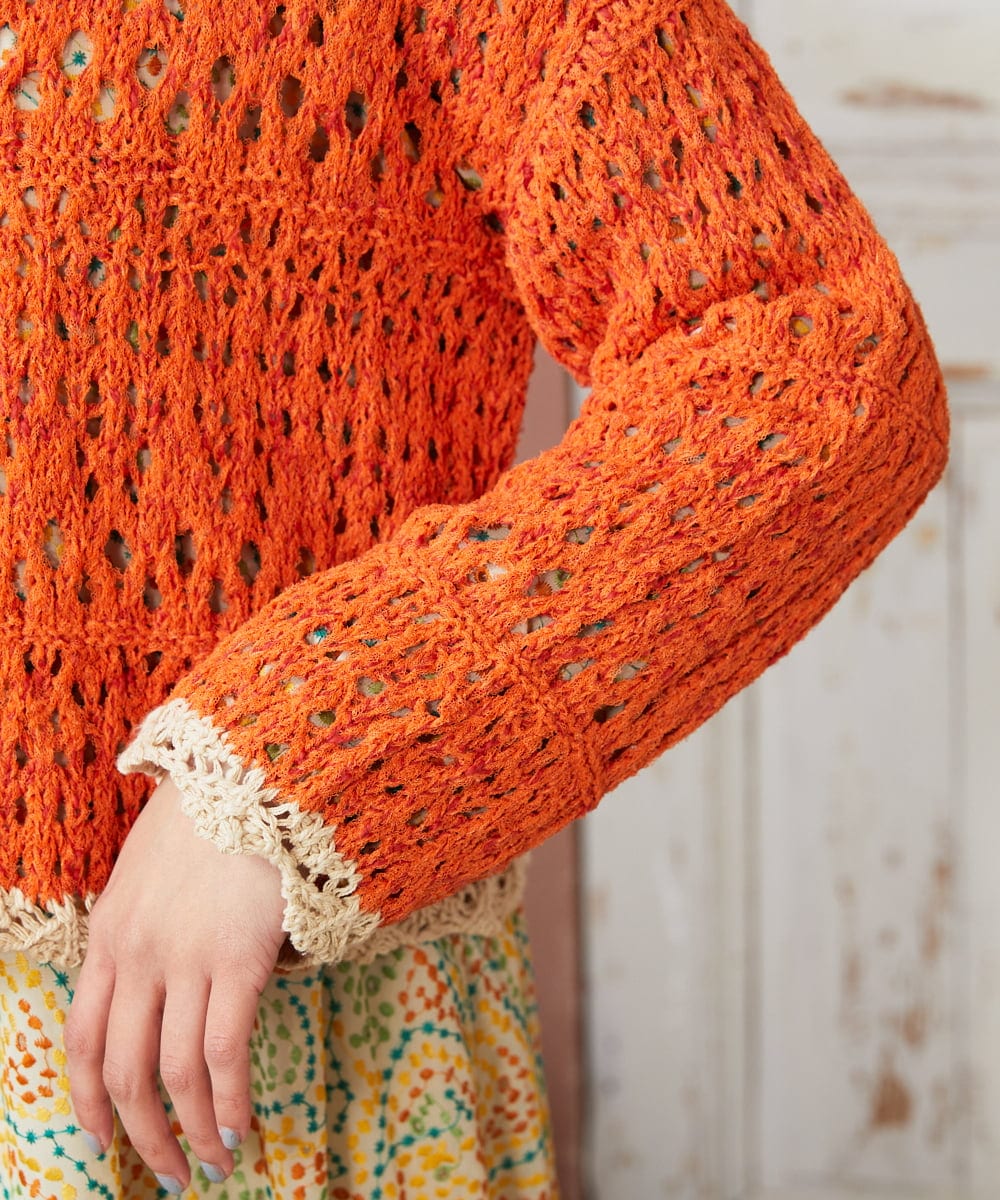 GJSDE02220 Jocomomola(ホコモモラ) Molino チュールヤーン透かし編みニットカーディガン オレンジ