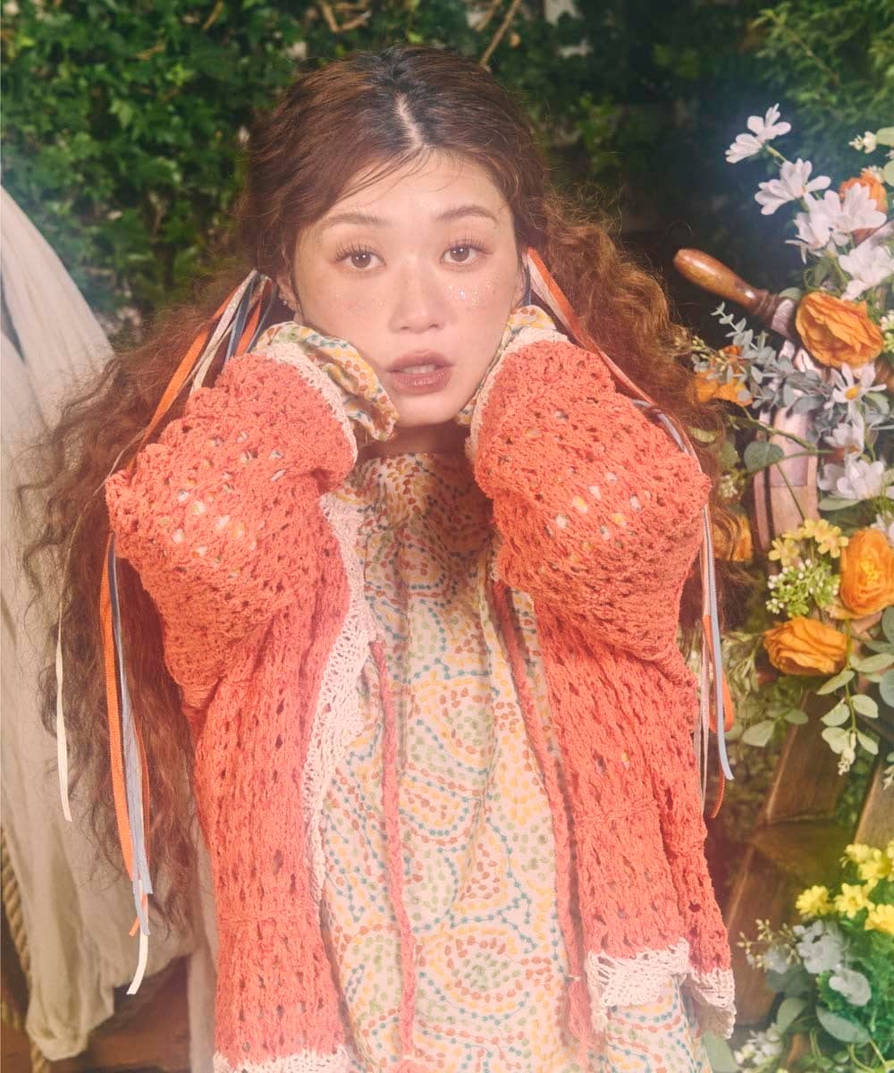 GJSDE02220 Jocomomola(ホコモモラ) Molino チュールヤーン透かし編みニットカーディガン オレンジ