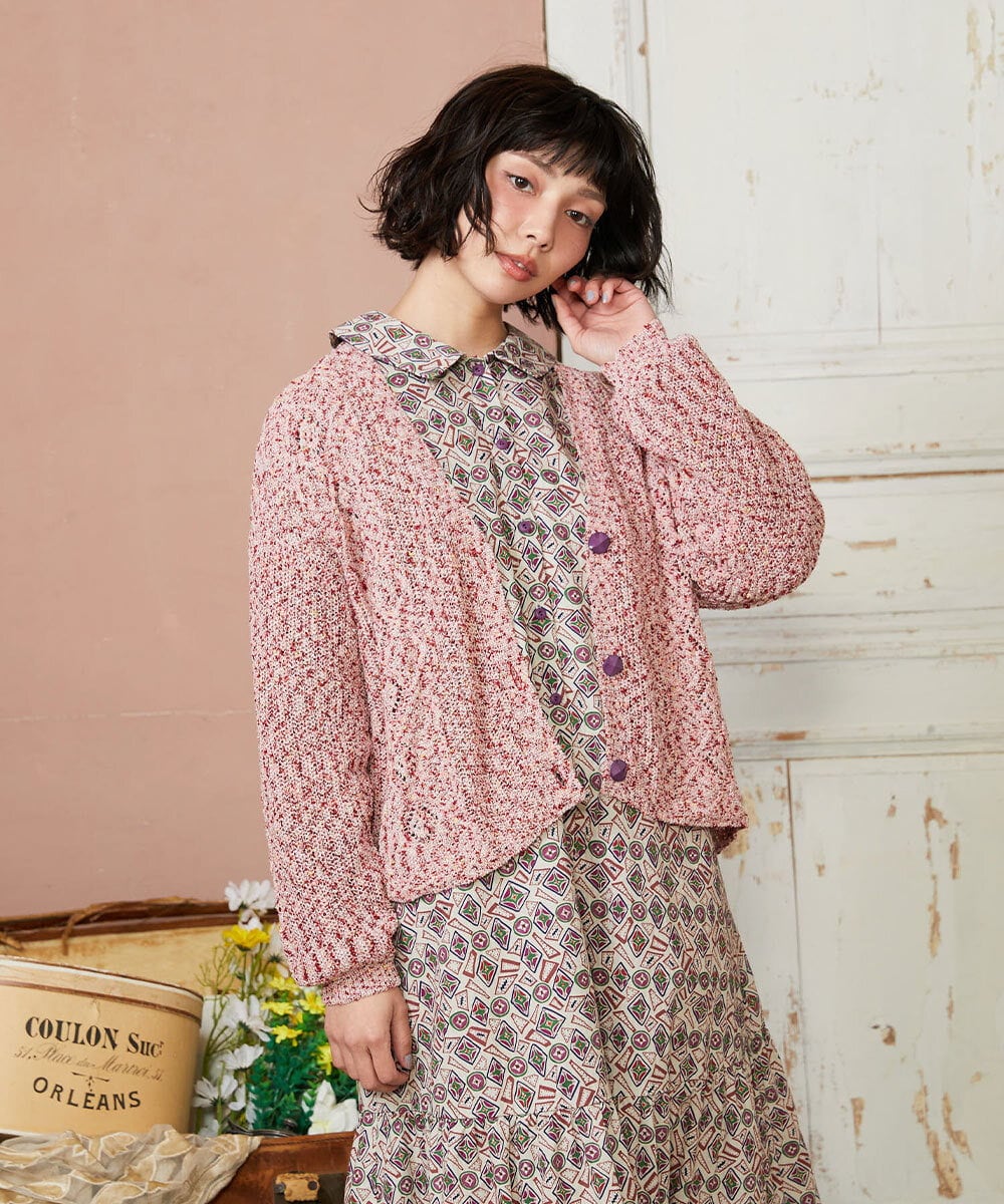 GJSDE31200 Jocomomola(ホコモモラ) カラーネップニットカーディガン レッド