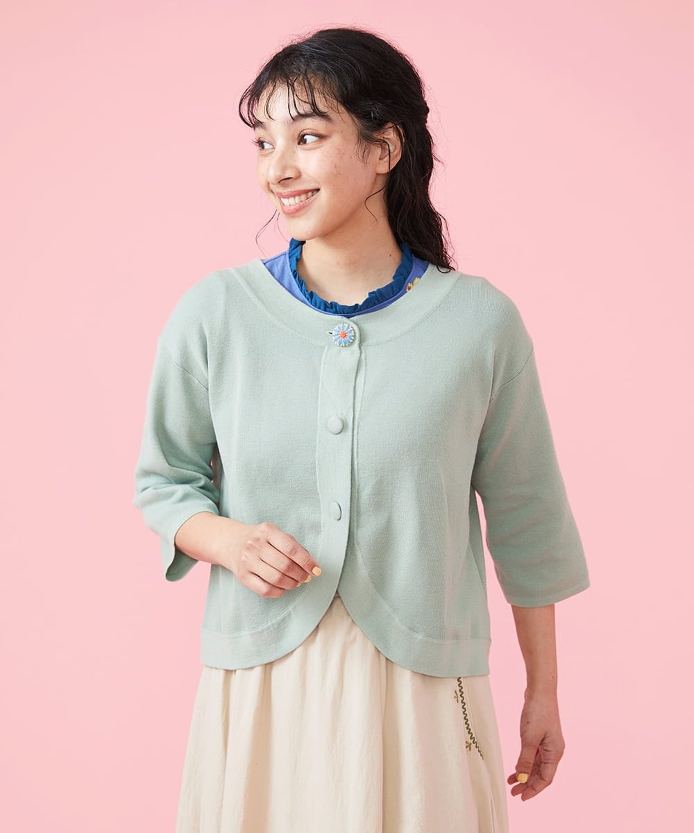 GJSDT02170 Jocomomola(ホコモモラ) Sello 刺繍ボタンショートカーディガン ライトグリーン