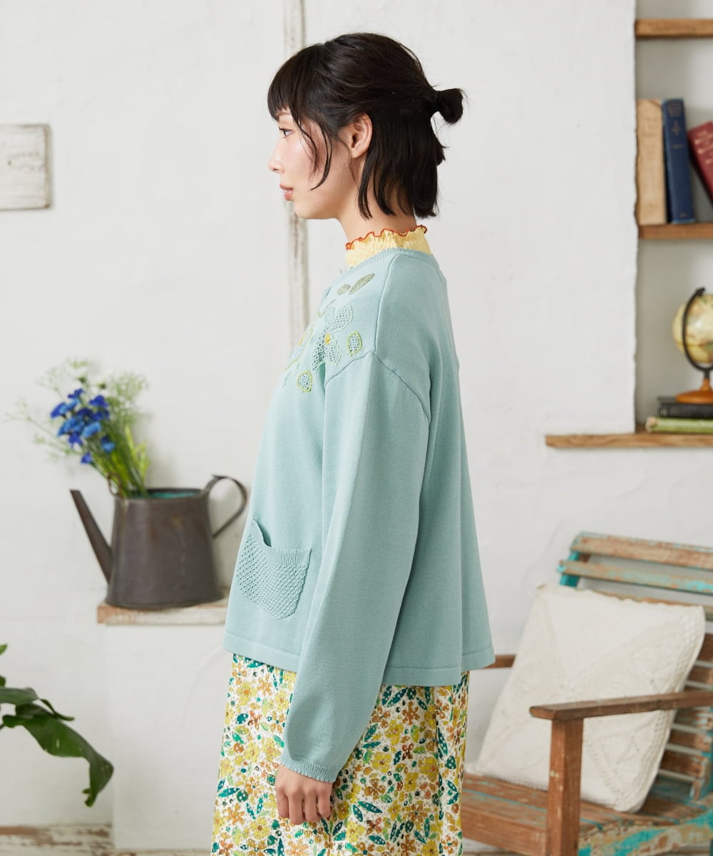 GJSFD50230 Jocomomola(ホコモモラ) El Rucio フラワー刺繍ニットカーディガン ライトブルー
