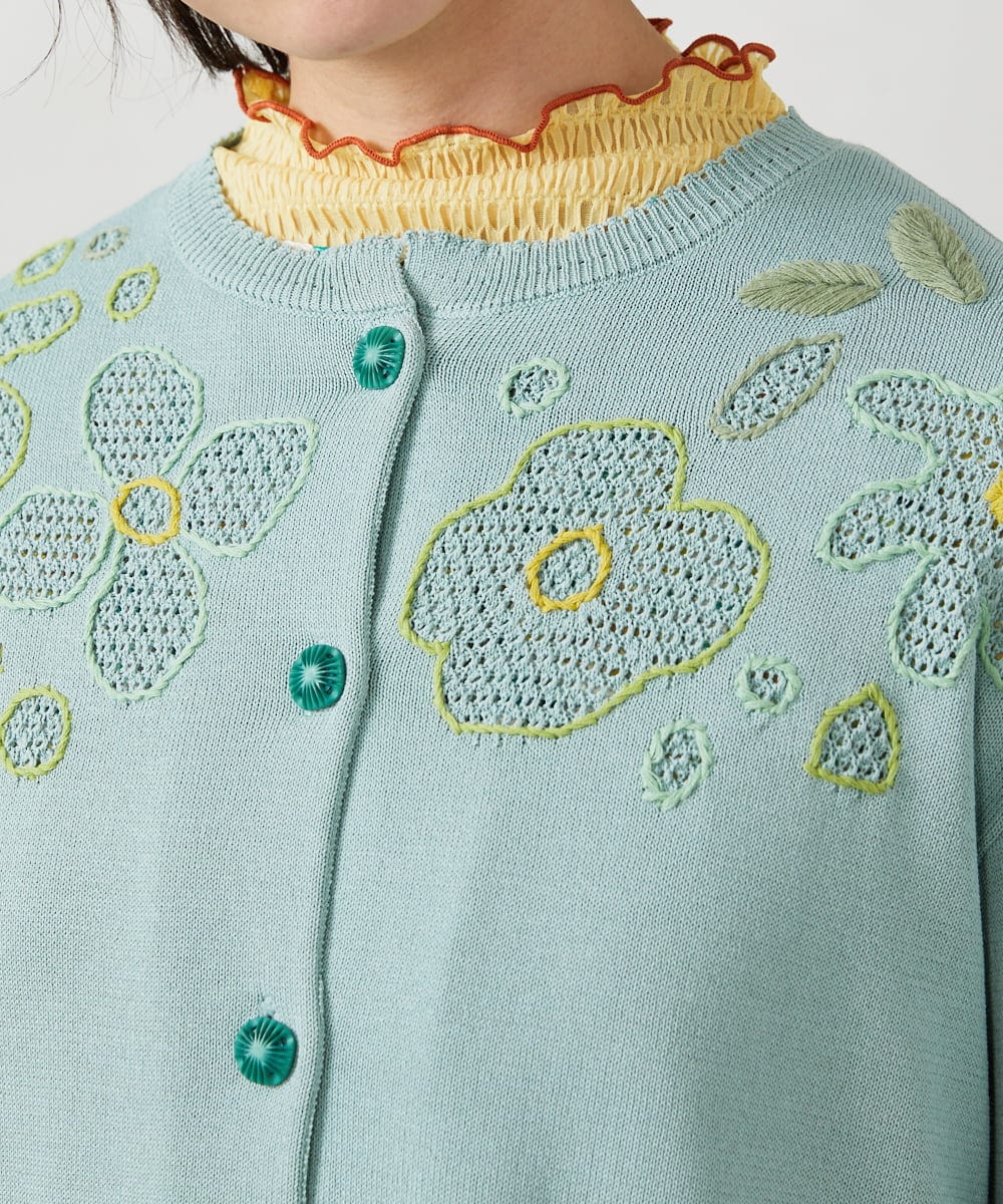 GJSFD50230 Jocomomola(ホコモモラ) El Rucio フラワー刺繍ニットカーディガン ライトブルー