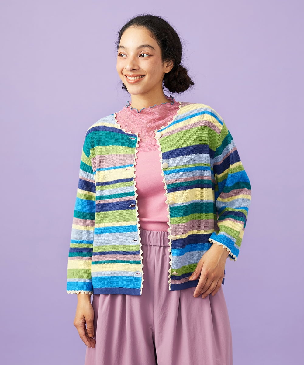 GJSGD01220 Jocomomola(ホコモモラ) Emocion ボーダーカーディガン ブルー