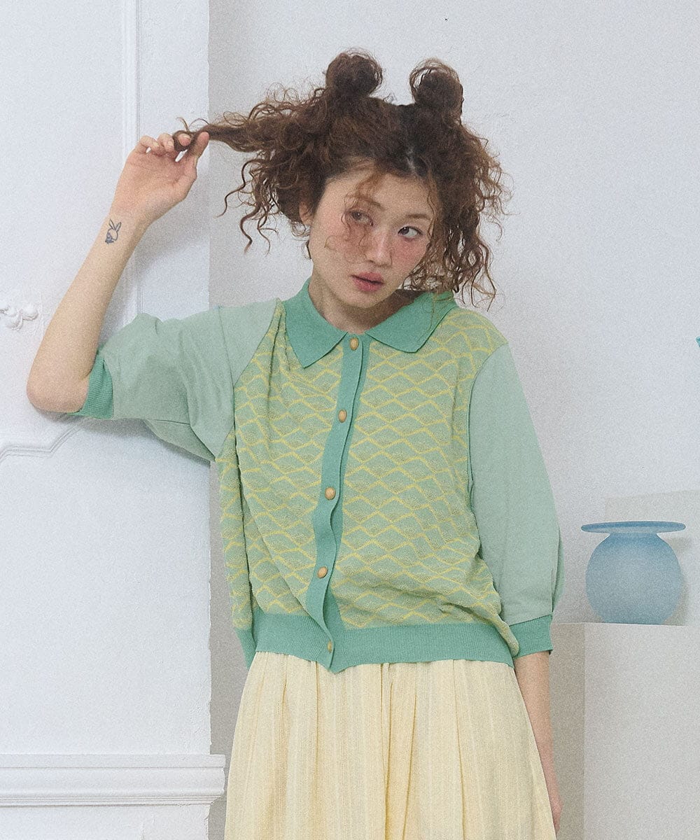 GJSGD71220 Jocomomola(ホコモモラ) Pensamiento ニットドッキングカーディガン グリーン