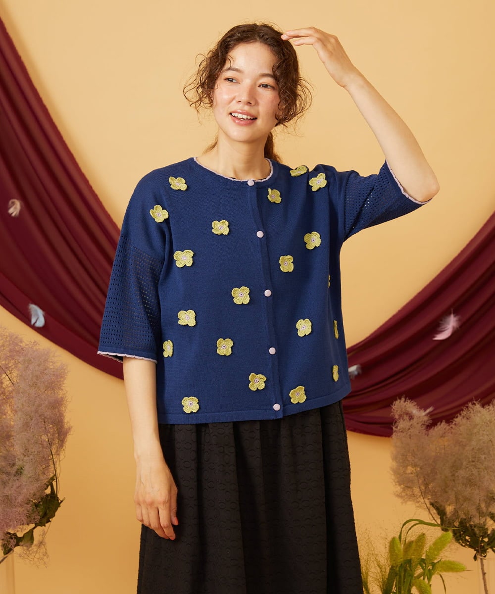 GJSHD01220 Jocomomola(ホコモモラ) Flores de verano フラワークロッシェカーディガン ネイビー