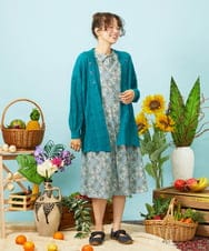 GJSHD30200 Jocomomola(ホコモモラ) 【接触冷感】Fresco フラワー刺繍ロングカーディガン ブルーグリーン