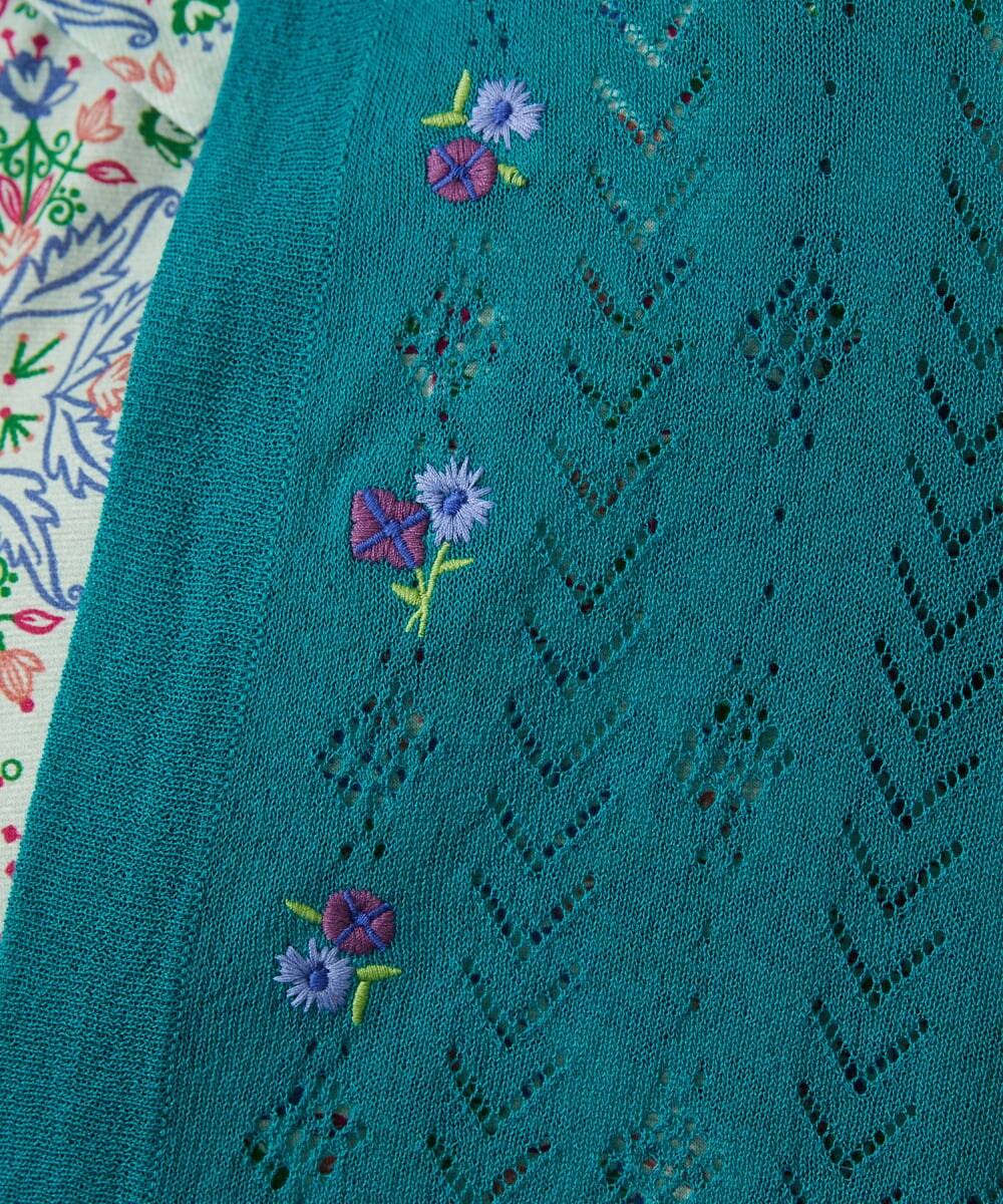GJSHD30200 Jocomomola(ホコモモラ) 【接触冷感】Fresco フラワー刺繍ロングカーディガン ブルーグリーン