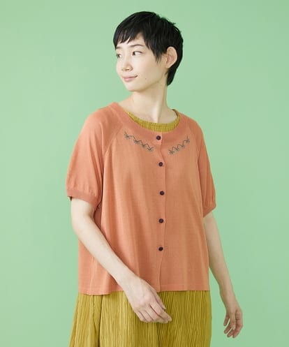 GJSHS32150 Jocomomola 幾何学柄刺繍半袖カーディガン
