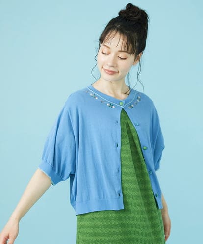 GJSHV30180  【接触冷感・UVカット】Floretes クルーネック刺繍カーディガン