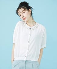 GJSHV30180 Jocomomola(ホコモモラ) 【接触冷感・UVカット】Floretes クルーネック刺繍カーディガン ホワイト