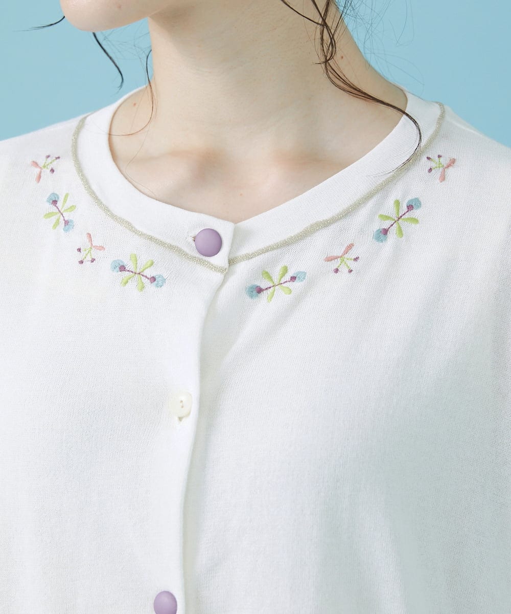 GJSHV30180 Jocomomola(ホコモモラ) 【接触冷感・UVカット】Floretes クルーネック刺繍カーディガン ホワイト