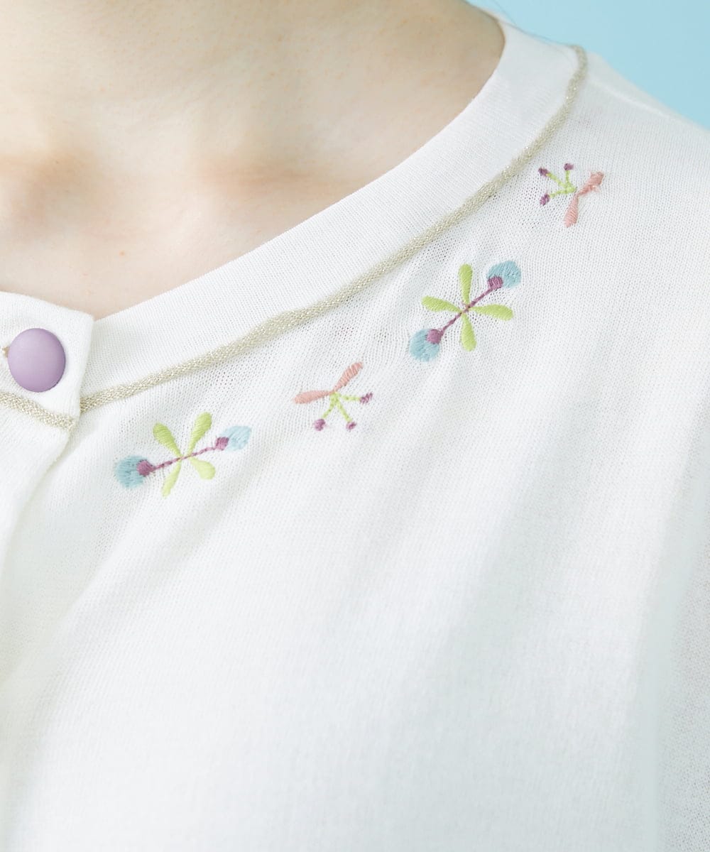 GJSHV30180 Jocomomola(ホコモモラ) 【接触冷感・UVカット】Floretes クルーネック刺繍カーディガン ホワイト