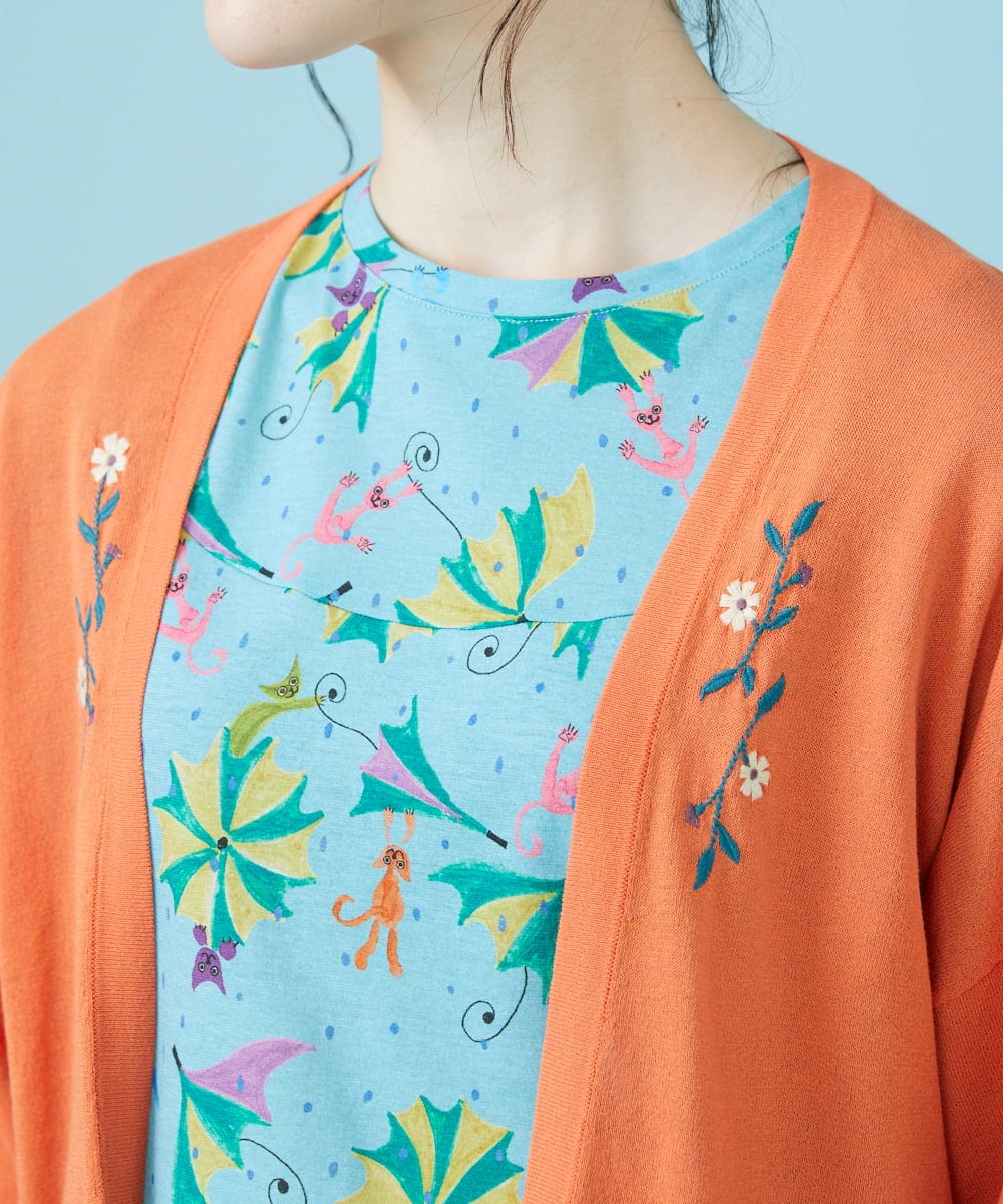 GJSHV31190 Jocomomola(ホコモモラ) 【接触冷感・UVカット】Floretes フラワー刺繍トッパーカーディガン オレンジ