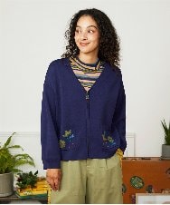 GJSJB02240 Jocomomola(ホコモモラ) Flor Alta フラワー刺繍ジップカーディガン イエロー