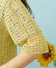 GJSJD30180 Jocomomola(ホコモモラ) 【先行予約】透かし編み半端袖ニットカーディガン イエロー