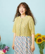 GJSJD30180 Jocomomola(ホコモモラ) 【先行予約】透かし編み半端袖ニットカーディガン イエロー