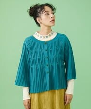 GJSJT30190 Jocomomola(ホコモモラ) スモッキングリブニット カーディガン ブルー