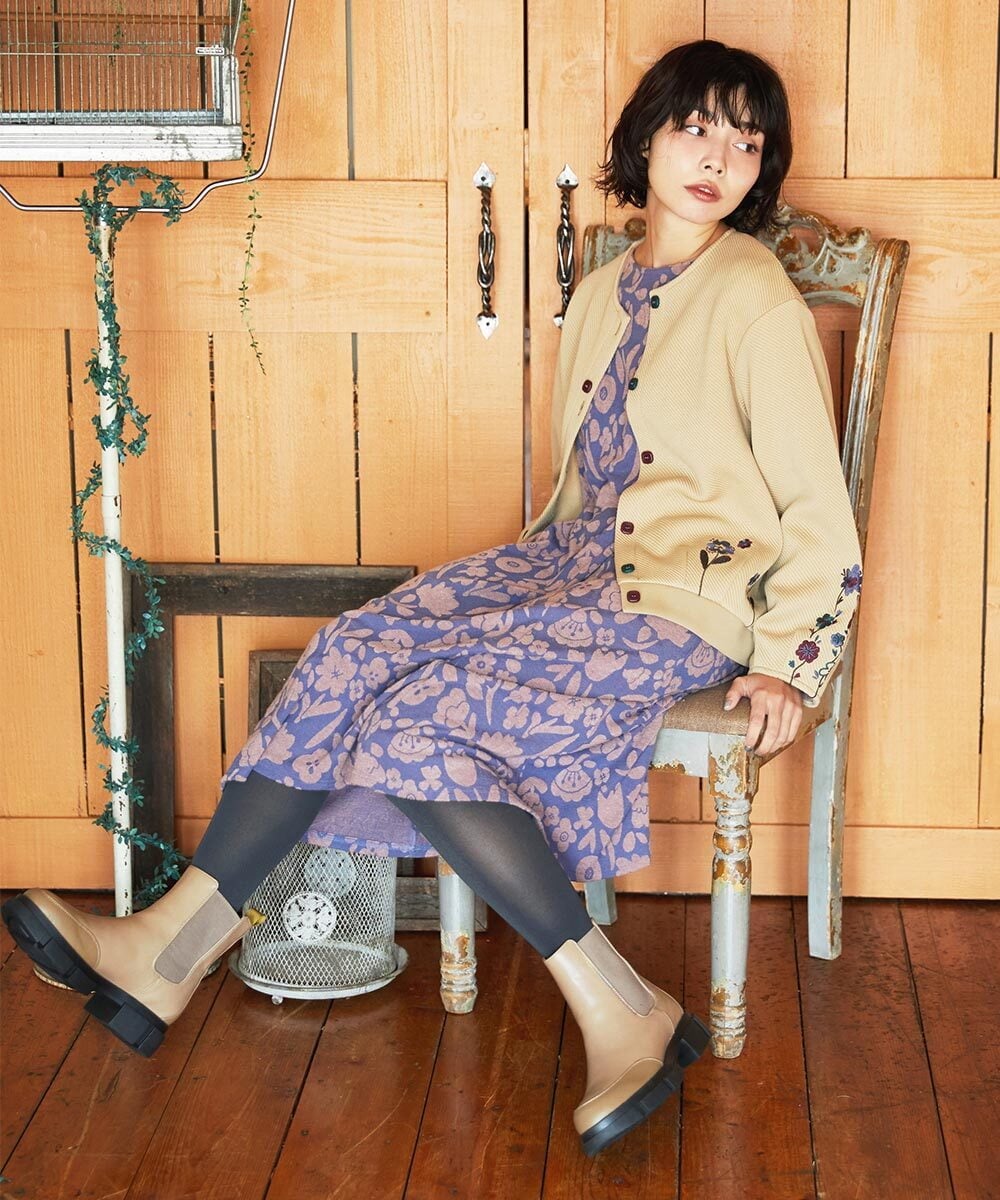 GJTAE37220 Jocomomola(ホコモモラ) Florecer フラワー刺繍カットソーカーディガン グリーン