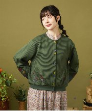 GJTAE37220 Jocomomola(ホコモモラ) 【早割10%OFF】フラワー刺繍カットソーカーディガン グリーン