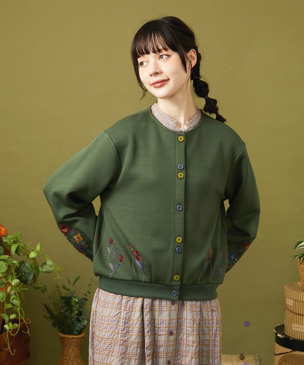 GJTAE37220 Jocomomola(ホコモモラ) 【早割10%OFF】フラワー刺繍カットソーカーディガン グリーン