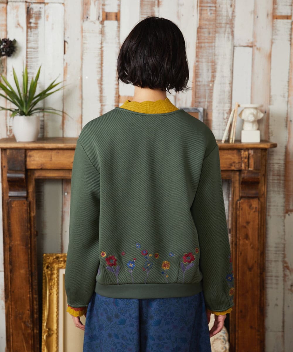 GJTAE37220 Jocomomola(ホコモモラ) Florecer フラワー刺繍カットソーカーディガン グリーン