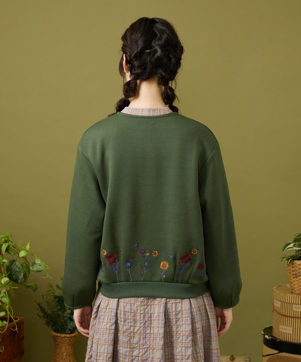 GJTAE37220 Jocomomola(ホコモモラ) 【早割10%OFF】フラワー刺繍カットソーカーディガン グリーン