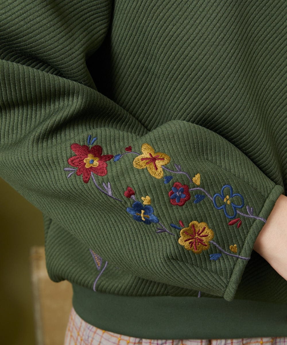 GJTAE37220 Jocomomola(ホコモモラ) 【早割10%OFF】フラワー刺繍カットソーカーディガン グリーン