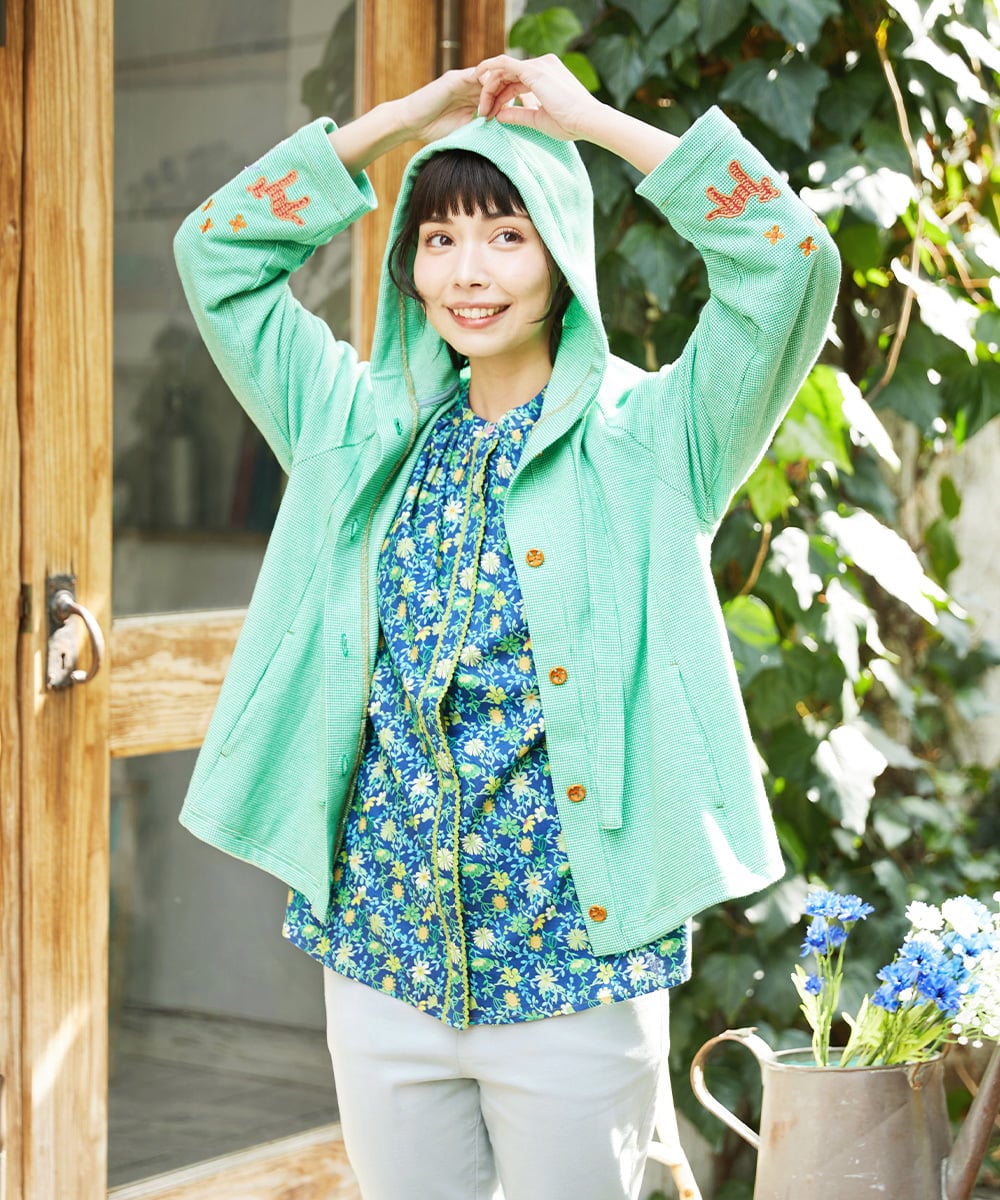 GJTFD02220 Jocomomola(ホコモモラ) Aventura アニマルアップリケパーカー グリーン