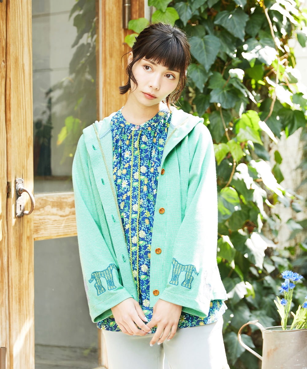 GJTFD02220 Jocomomola(ホコモモラ) Aventura アニマルアップリケパーカー グリーン