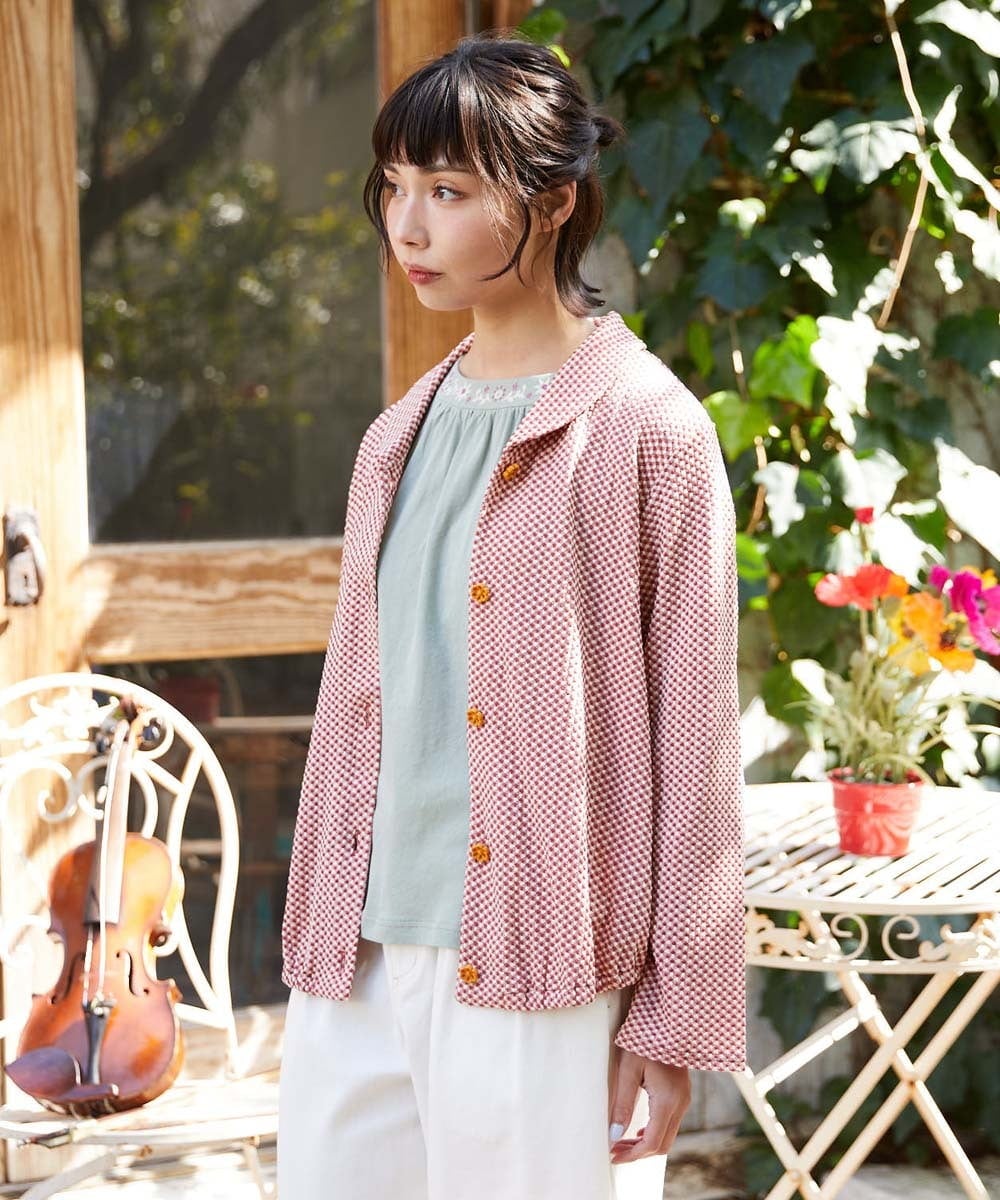 GJTFD35200 Jocomomola(ホコモモラ) ギンガムチェック カットソーカーディガン レッド