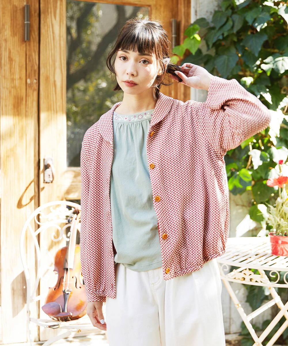 GJTFD35200 Jocomomola(ホコモモラ) ギンガムチェック カットソーカーディガン レッド