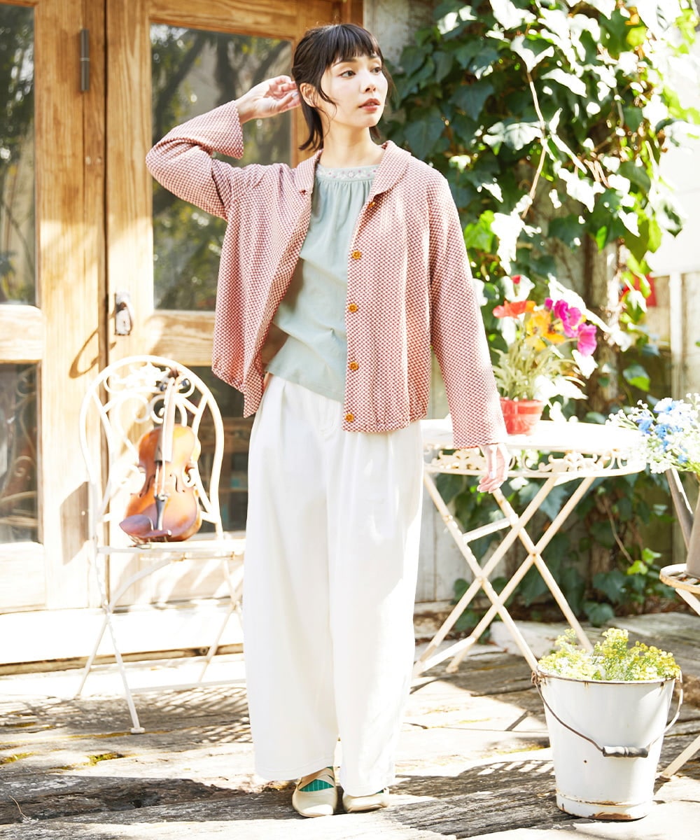 GJTFD35200 Jocomomola(ホコモモラ) ギンガムチェック カットソーカーディガン レッド