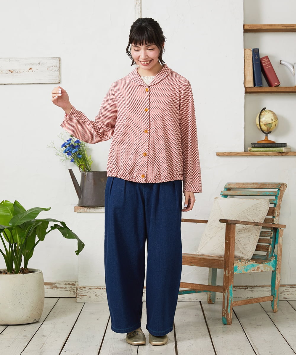 GJTFD35200 Jocomomola(ホコモモラ) ギンガムチェック カットソーカーディガン レッド