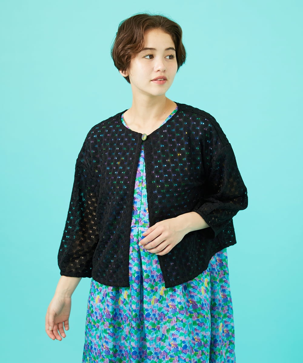 GJTGB52220 Jocomomola(ホコモモラ) Fruta delicada ラッセルレースカーディガン ブラック