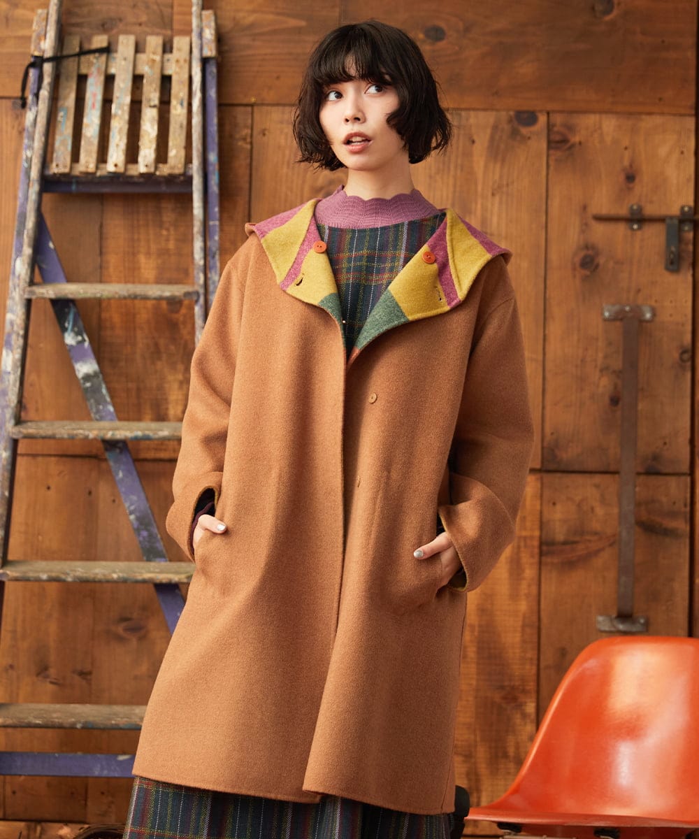 GJUAD33500 Jocomomola 【2WAY】Wフェイスリバーフード付きロングコート