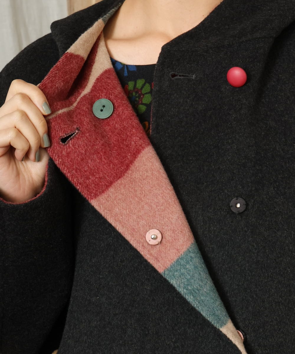 GJUAD33500 Jocomomola(ホコモモラ) 【2WAY】Wフェイスリバーフード付きロングコート ダークグレー