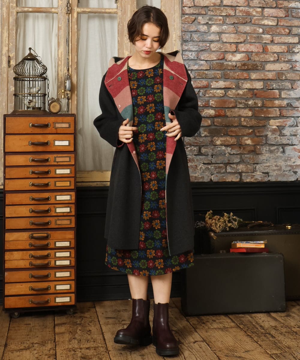 GJUAD33500 Jocomomola(ホコモモラ) 【2WAY】Wフェイスリバーフード付きロングコート ダークグレー